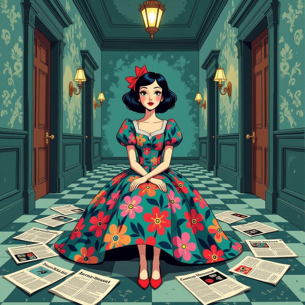 Whimsical Woman in Eerie Hallway: Burton-esque Illustration
