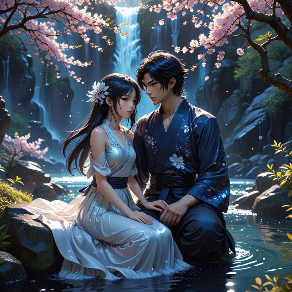 Anime Couple by Waterfall with Cherry Blossom Tree