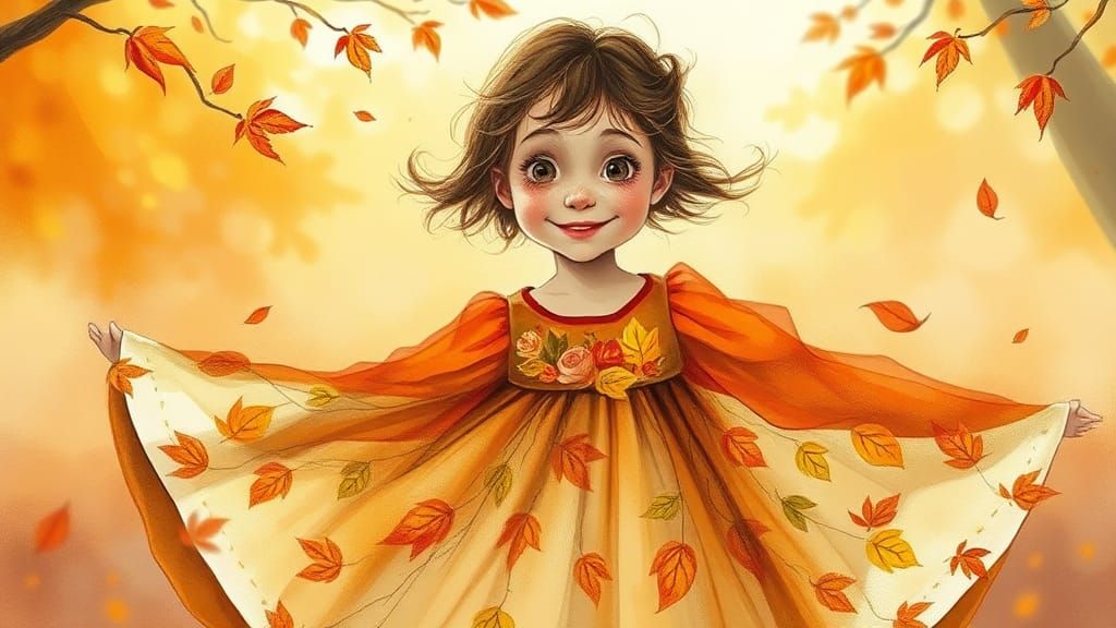 Whimsical Autumn Girl in Gouache Style