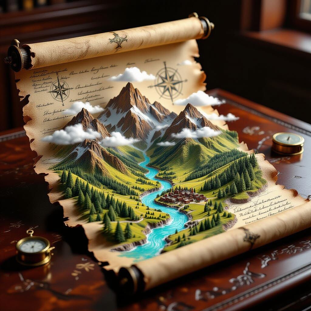Hyperrealistic 3D Topographical Map Diorama on Parchment