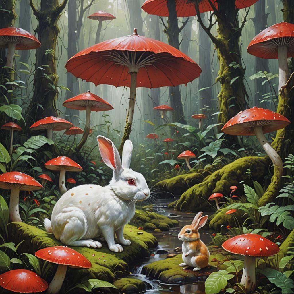 Rabbit Under Mushroom in Rainforest, Gurney Oil Painting