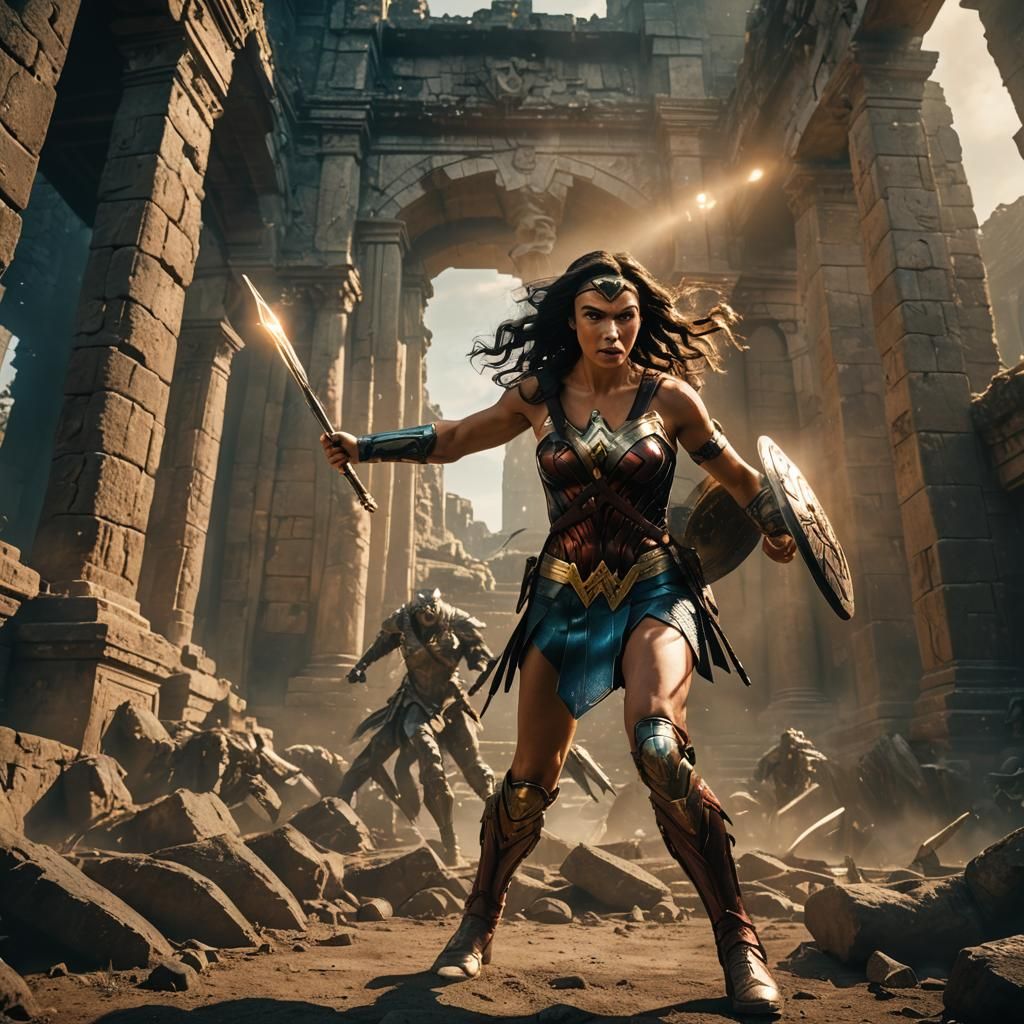 Wonder Woman Battles Monsters in Ancient Ruins