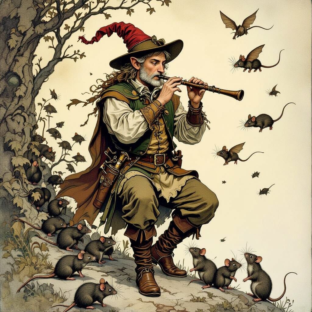 Medieval Piper Leading Rats in Arthur Rackham Style