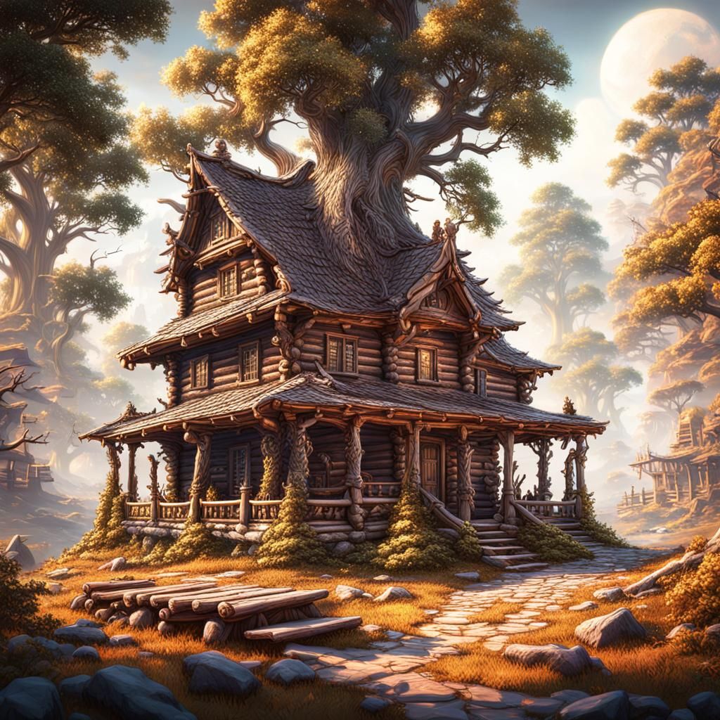 Log House Surrounded by Trees in Detailed Matte Painting