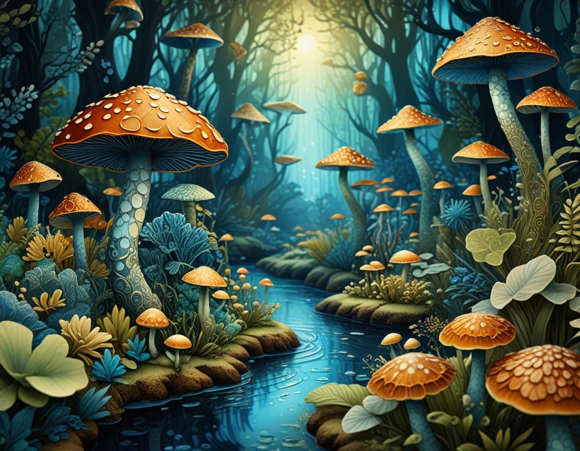 Whimsical Tropical Scene with Mini Mushrooms and Glittering ...