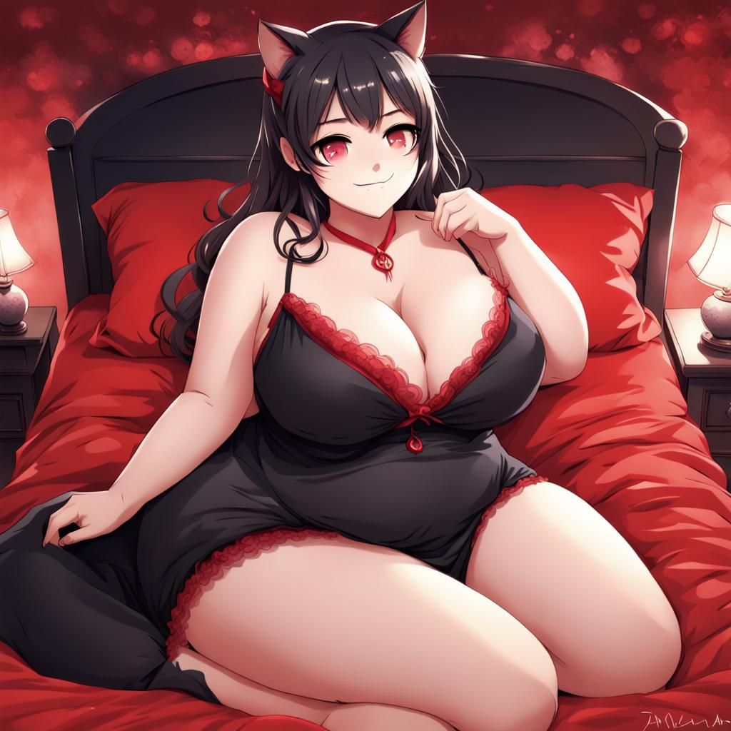 Alluring Anime Catgirl in Red and Black Nightie