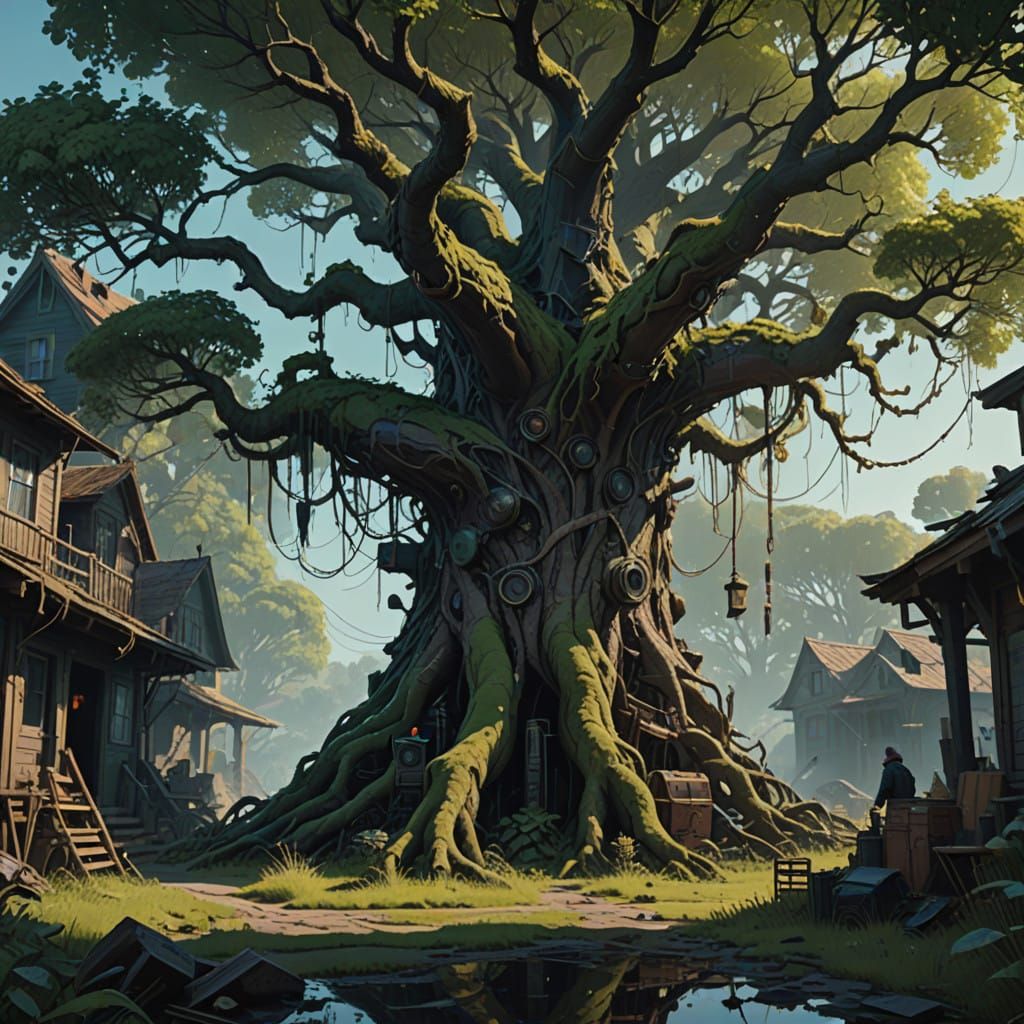 Twisted Tree in Mystical Garden, with Emerald Leaves and Gol...