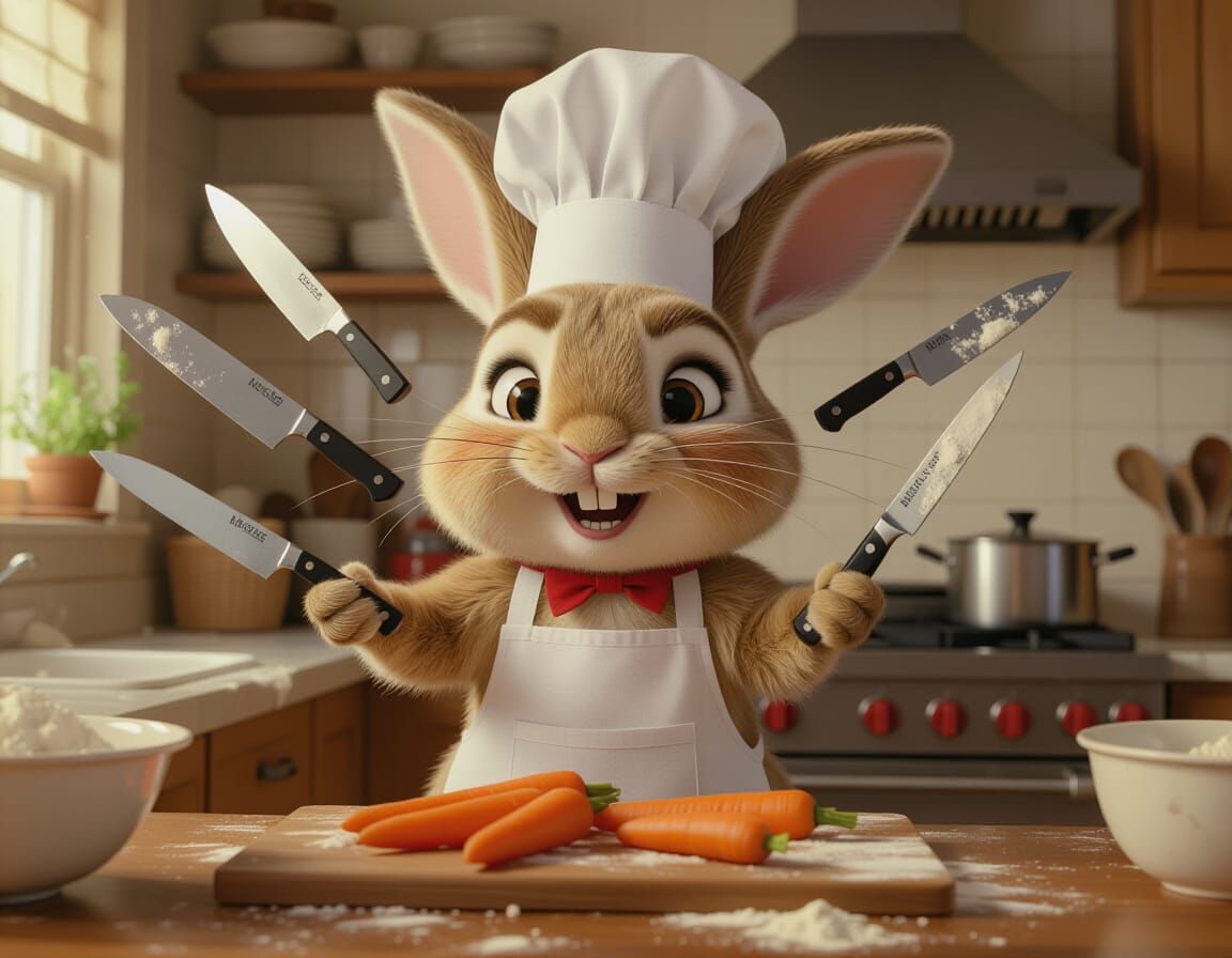 Fluffy Rabbit Chef Juggling Knives in Chaotic Kitchen