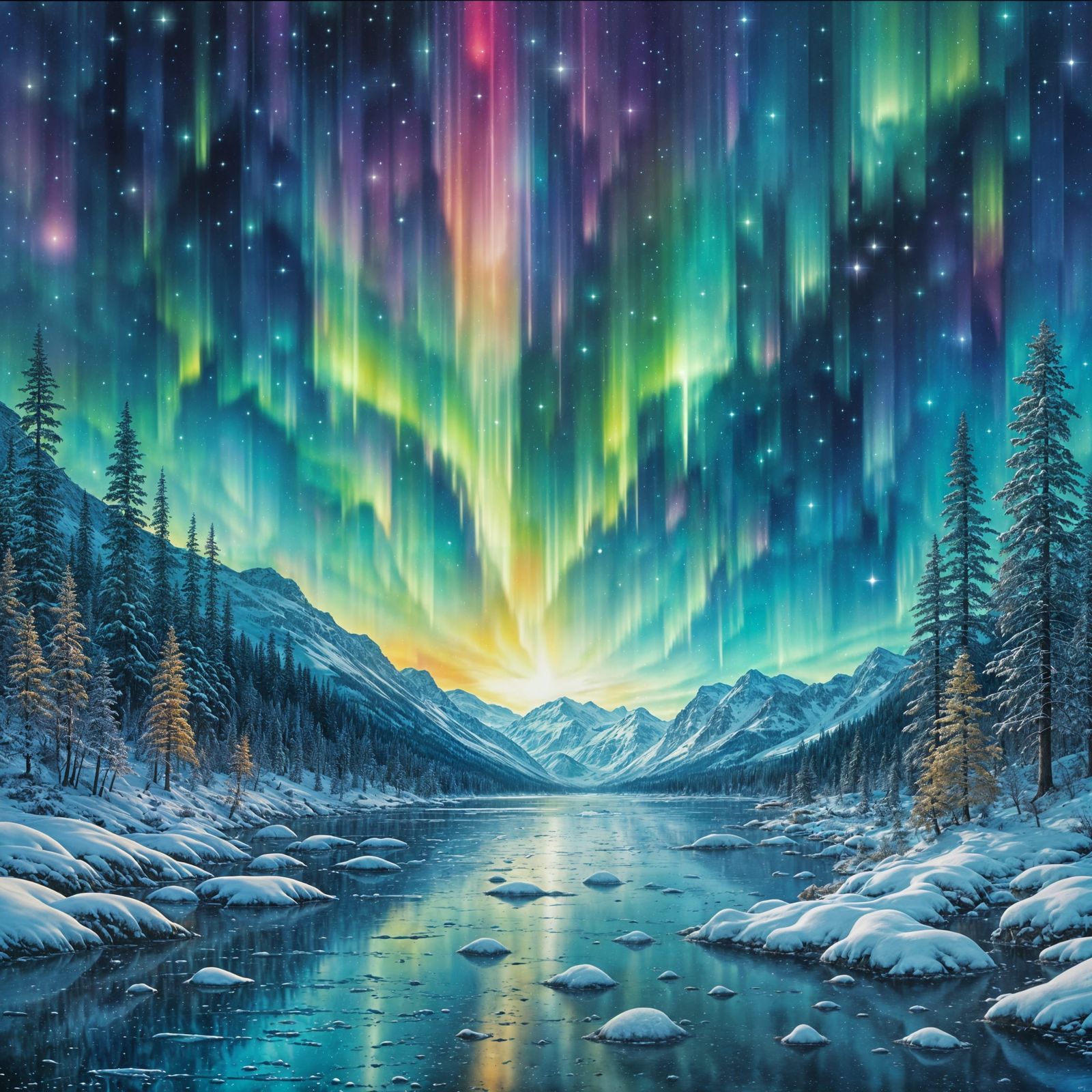 Ethereal Northern Lights Over Ice Lake