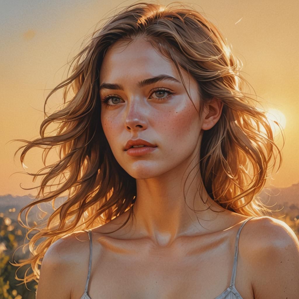 Voluptuous Woman Portrait in Golden Sunset, Digital Art