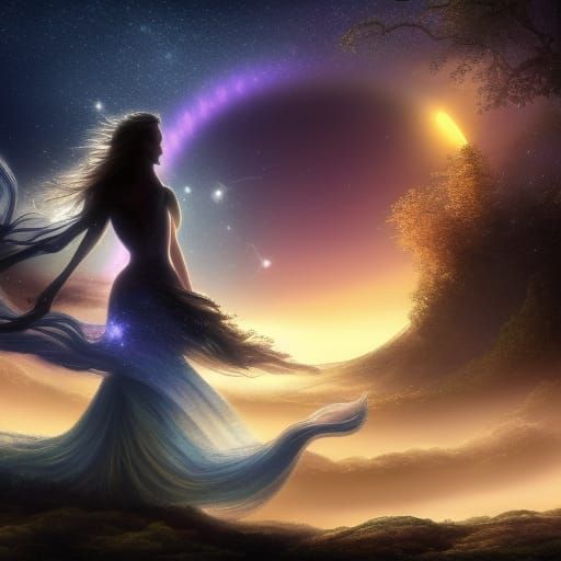 Princess Silhouette Emerges from Sunlit Stars