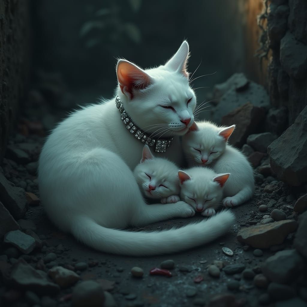 Mother Cat Protects Kittens in Dark City Alley