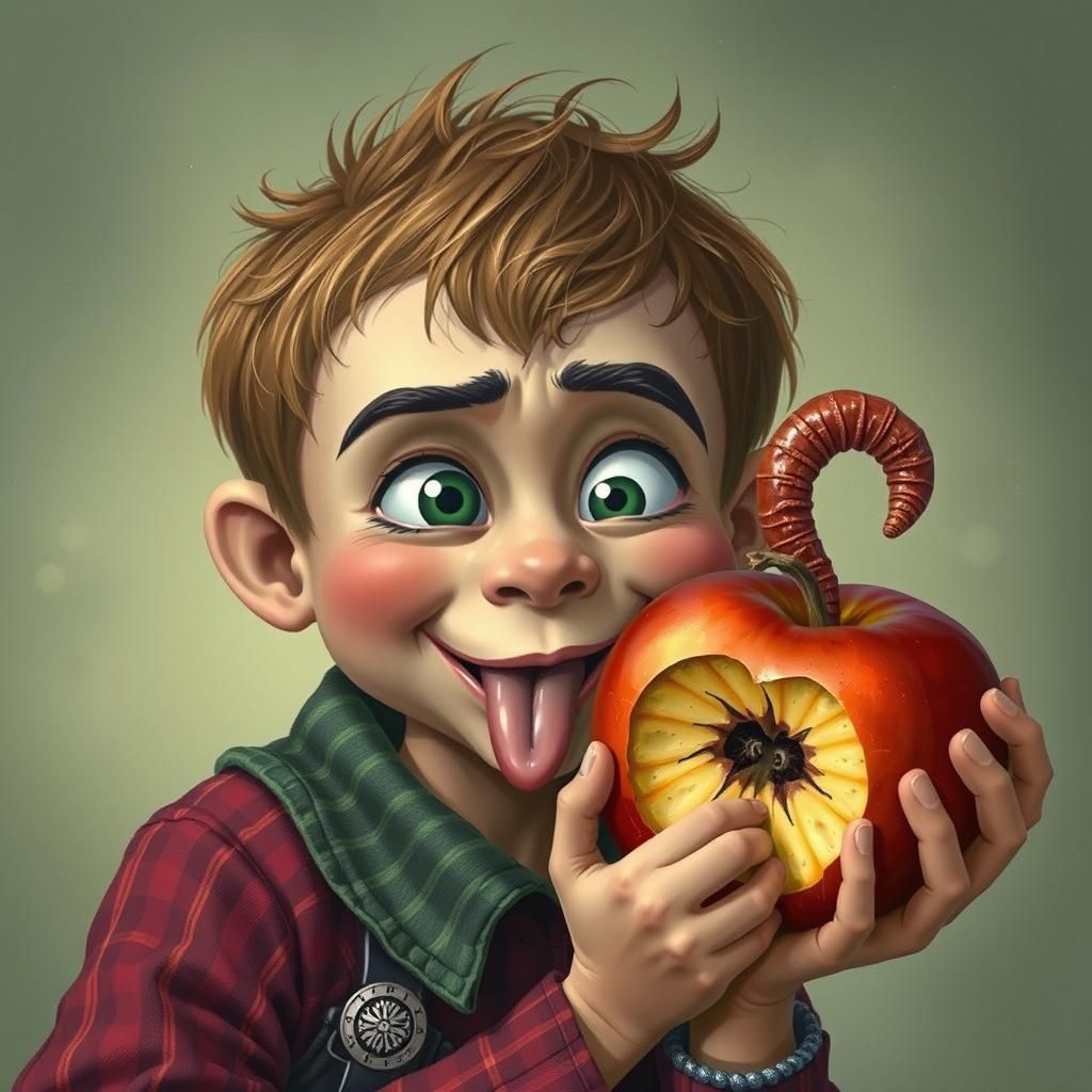 Disgusted Boy with Rotten Apple and Worm