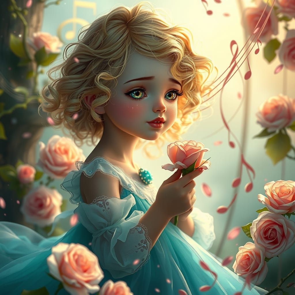 Whimsical Girl in Music Notes and Roses
