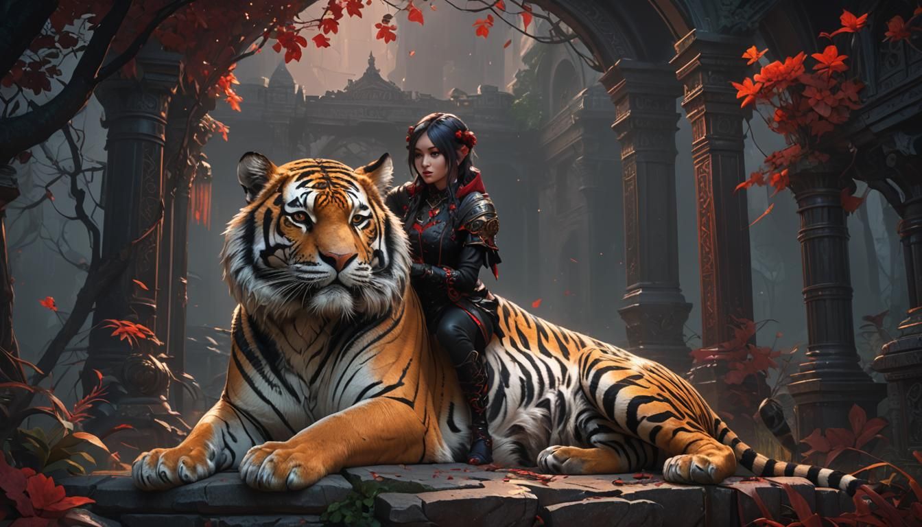 Goth Girl Cuddled by Tiger in Dark Fantasy Art