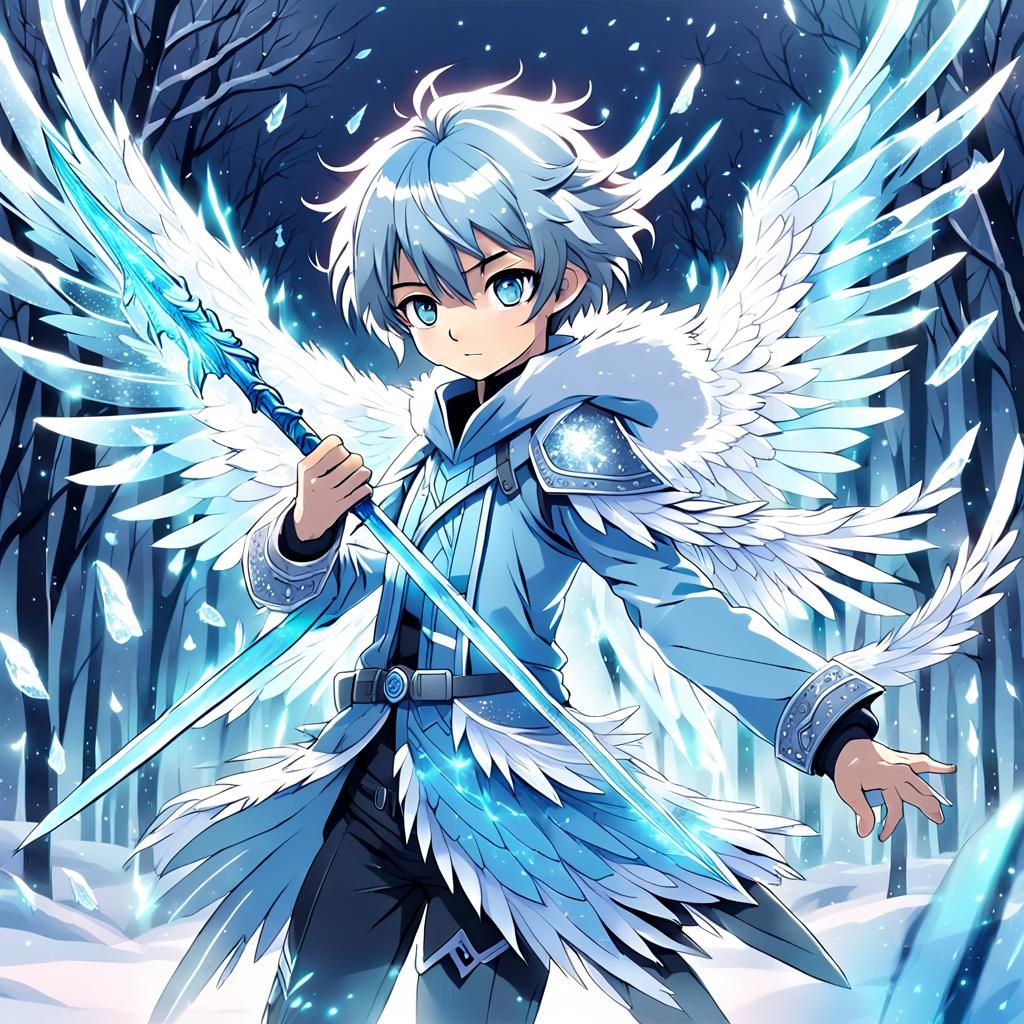 Anime Hero Wields Ice Blade in Snowy Scene