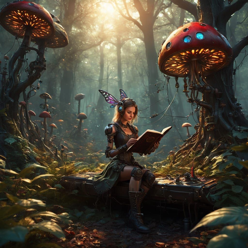 Enchanted Cyberpunk Fairy in a Steampunk Forest