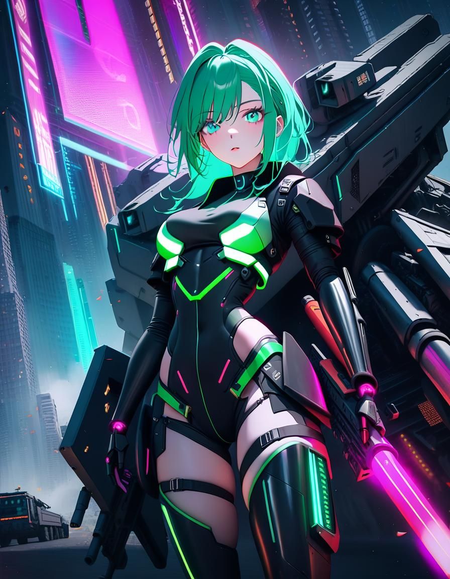 Cyberpunk Girl with Mecha Armor Exoskeleton