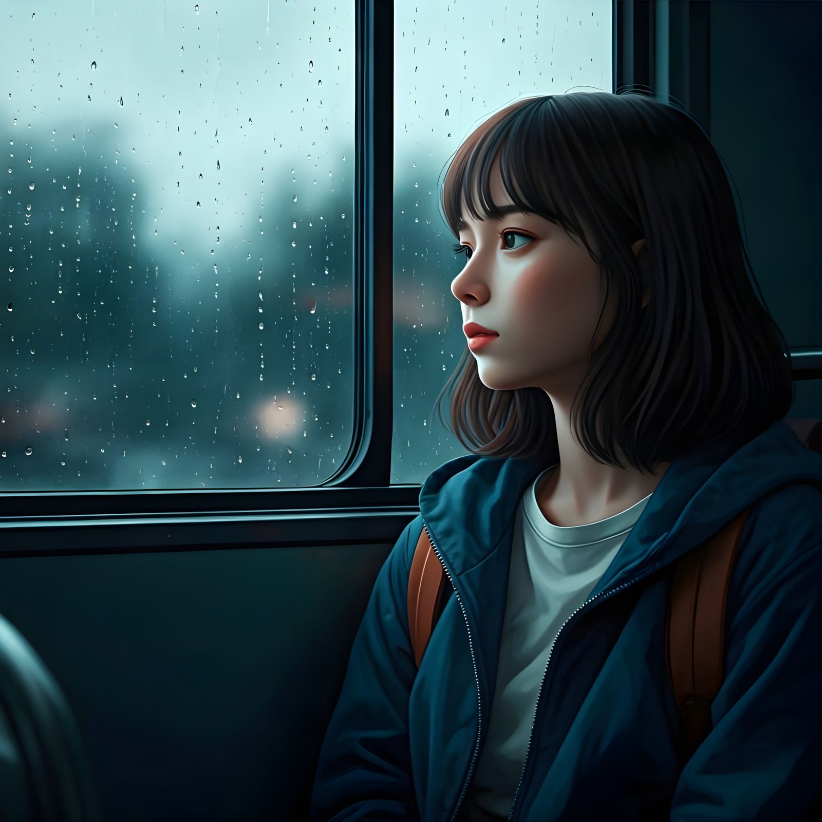 Young Woman Lost in Thought on a Misty Bus