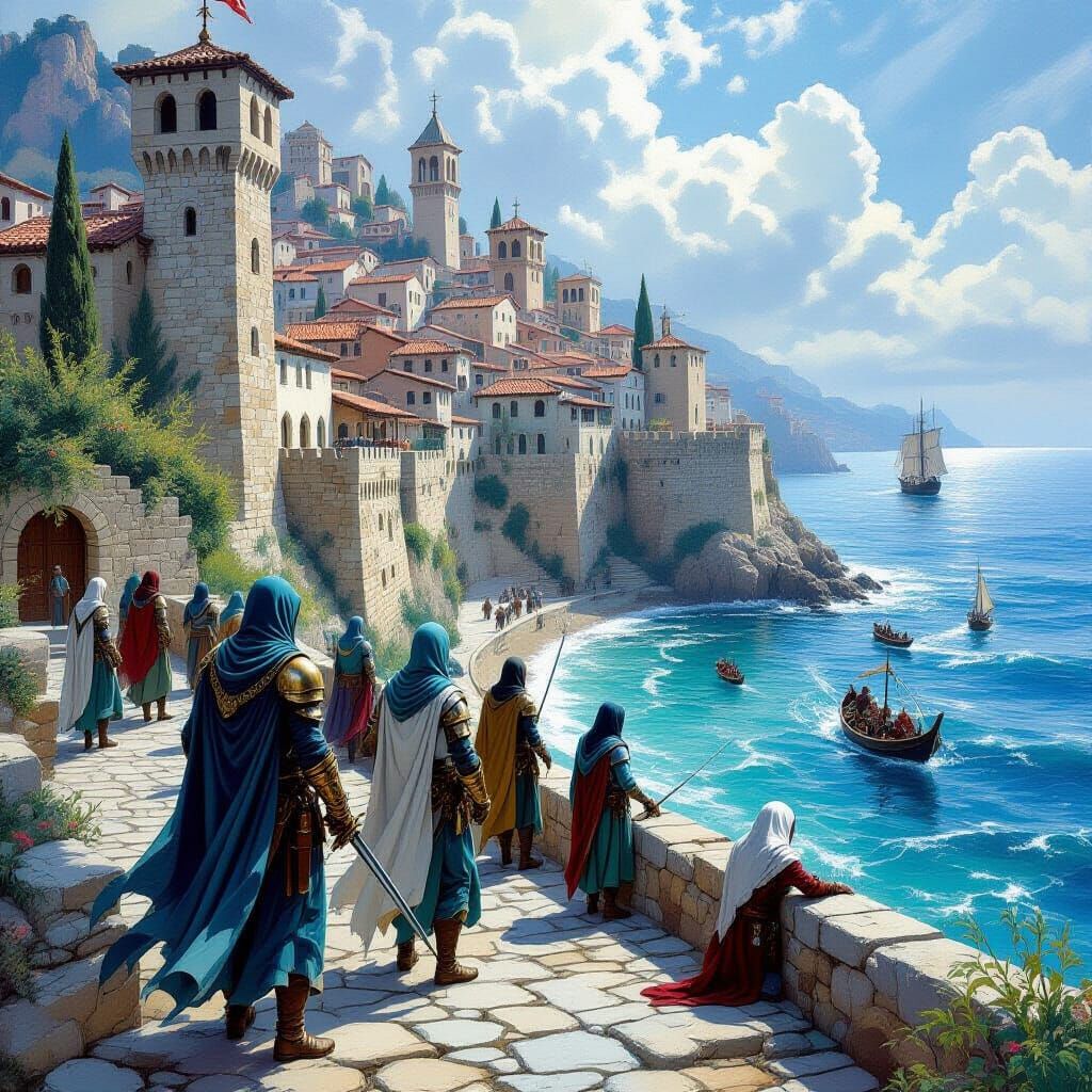 Templar Knights in Ethereal Mediterranean Town