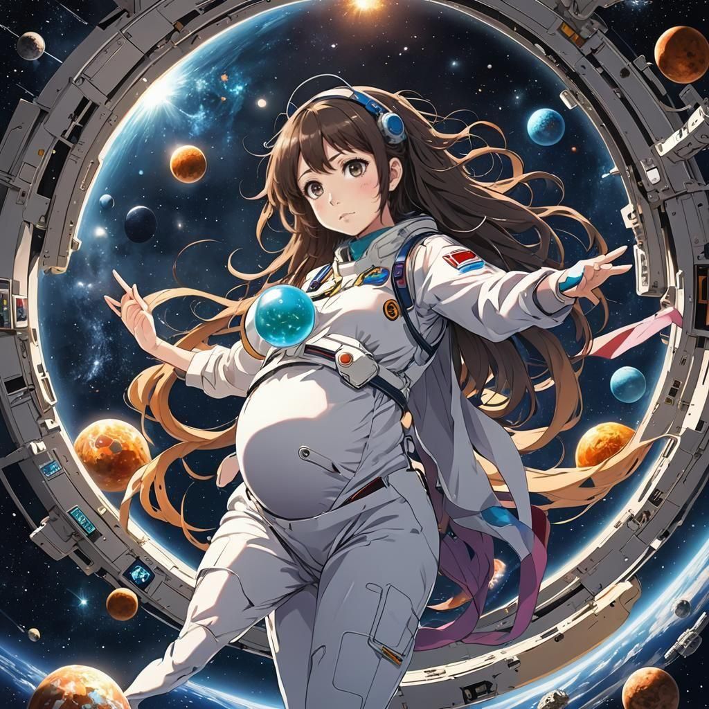 Pregnant Anime Character in Space, Manga Style