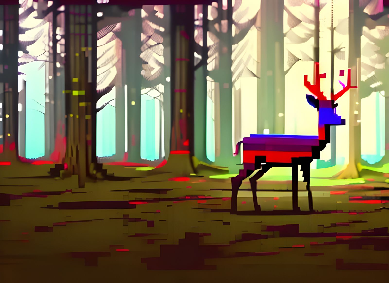 Pixel Deer in Photorealistic Forest: Digital Illustration