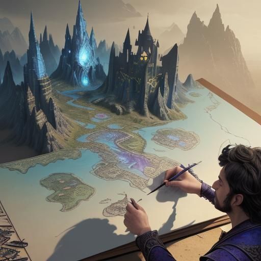Cartographer-Wizard Drawing a Map of a Magical Realm