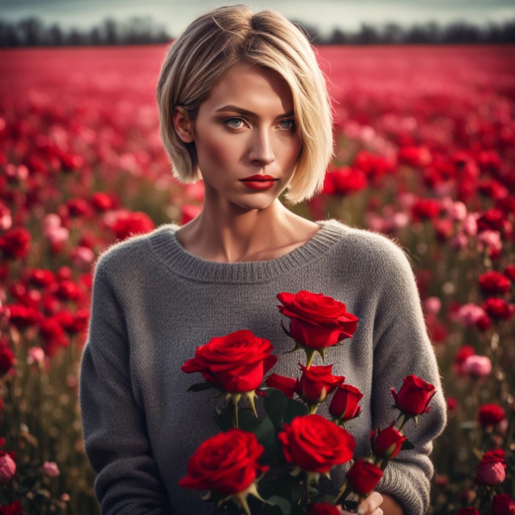 Stunning Valentine's Lady with Rose in Flower Field
