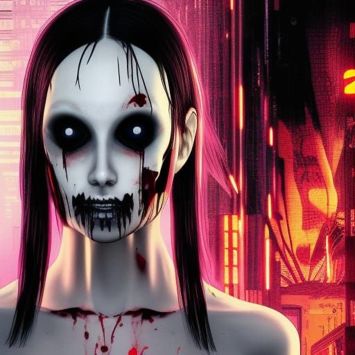 Creepy Masked Girl in Cyberpunk Horror Style