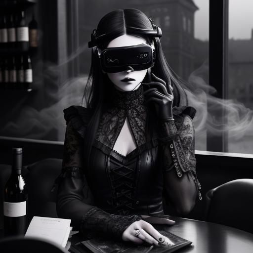 Goth Model in Coffee Shop: Black and White Photography