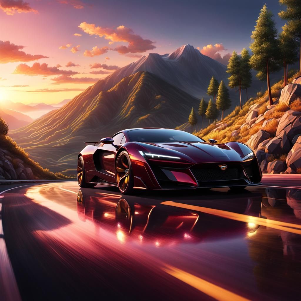 Black Cherry Supercar on Mountain Road at Sunset