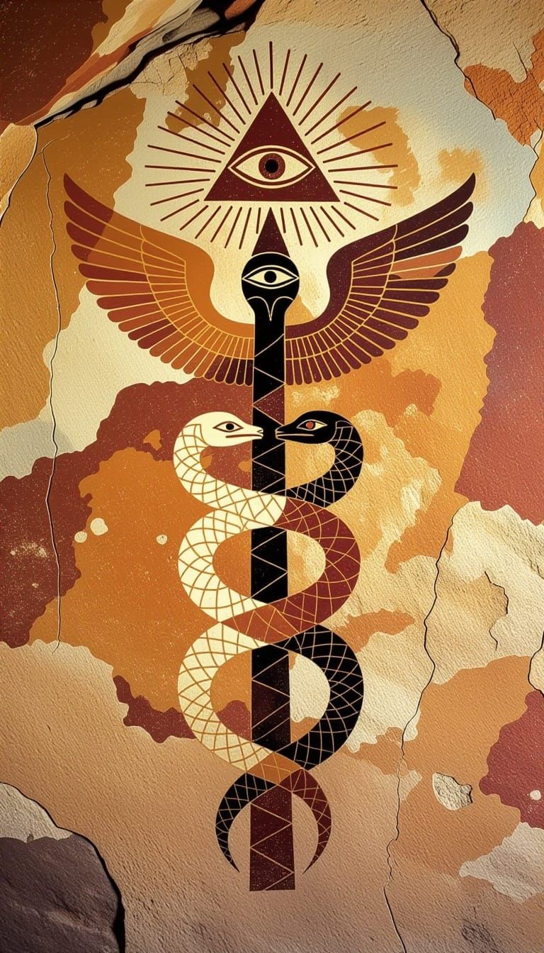 Ancient Cave Art: Mystical Symbol with Serpent and Wings