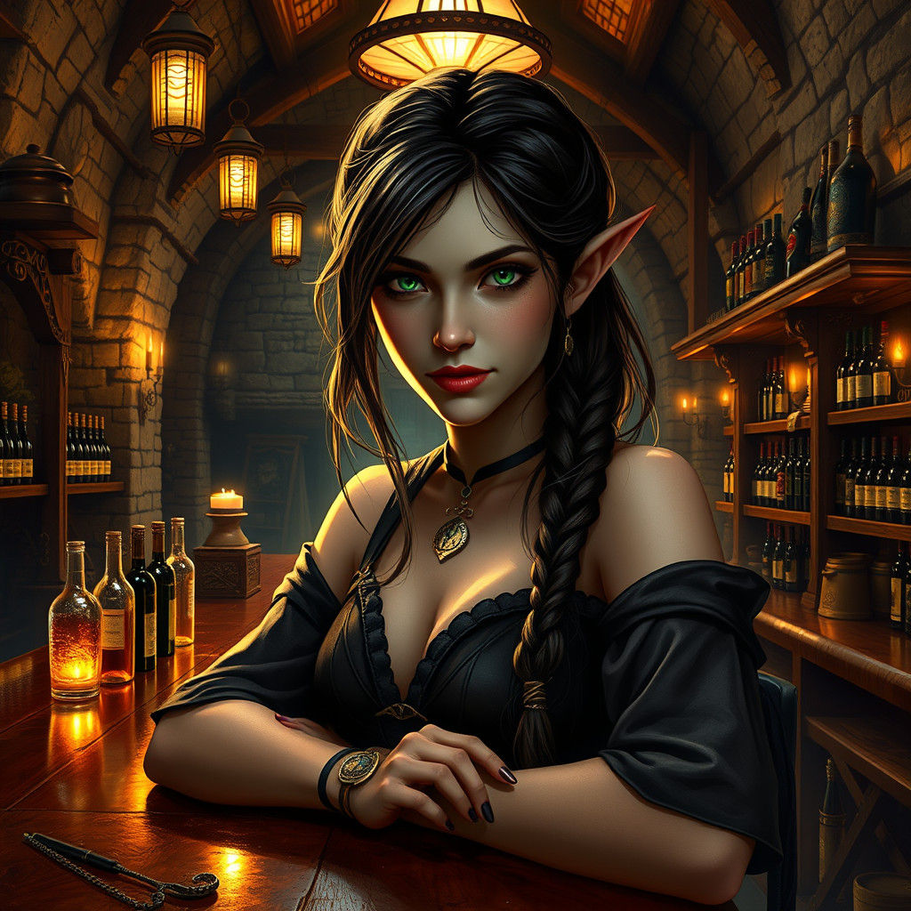 Elegant Elven Bartender in Mystical Winery
