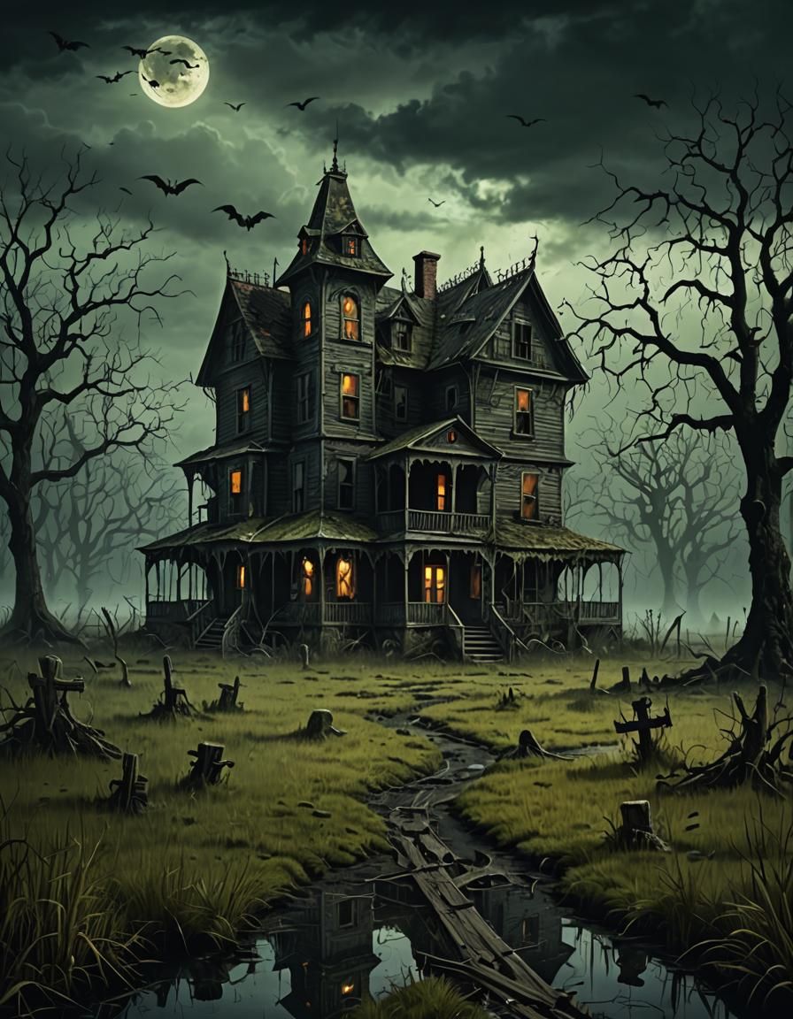Eerie Haunted House in Swampy Field