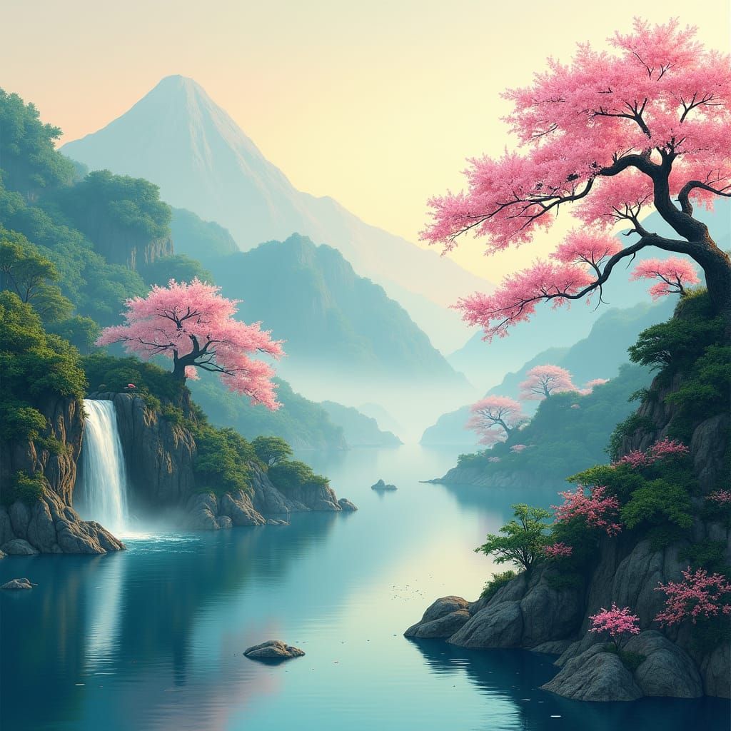 Japanese Landscape in Ukiyo-e Woodblock Print Style