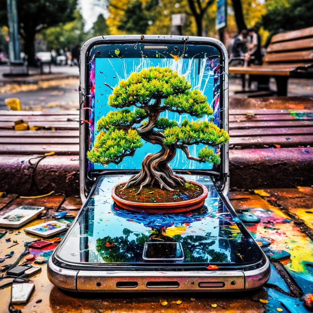 Bonsai Tree in Phone Screen: Graffiti Art