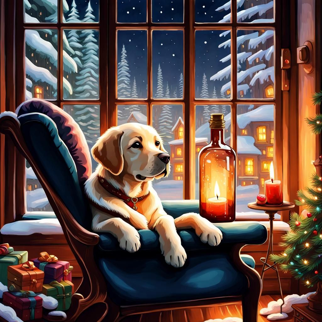 Cozy Fireside Labrador Puppy in Enchanted Glass Bottle