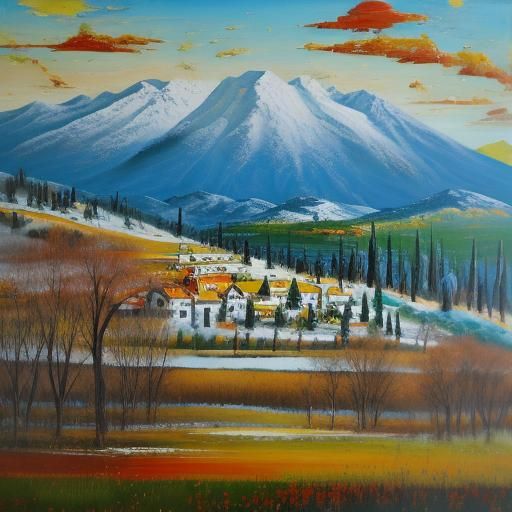 Charming Landscape Oil Painting in Mimmo Rotella Style