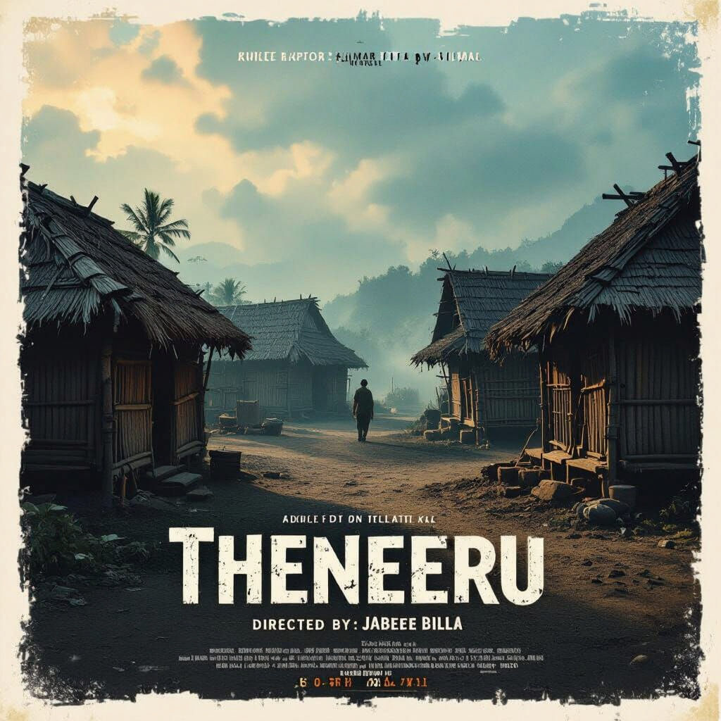 Theneeru Film Poster: Old Huts & Dramatic Lighting