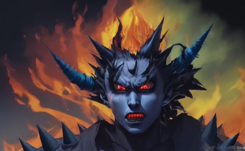 Blue Demon Head Ablaze in Dragonball Anime Style