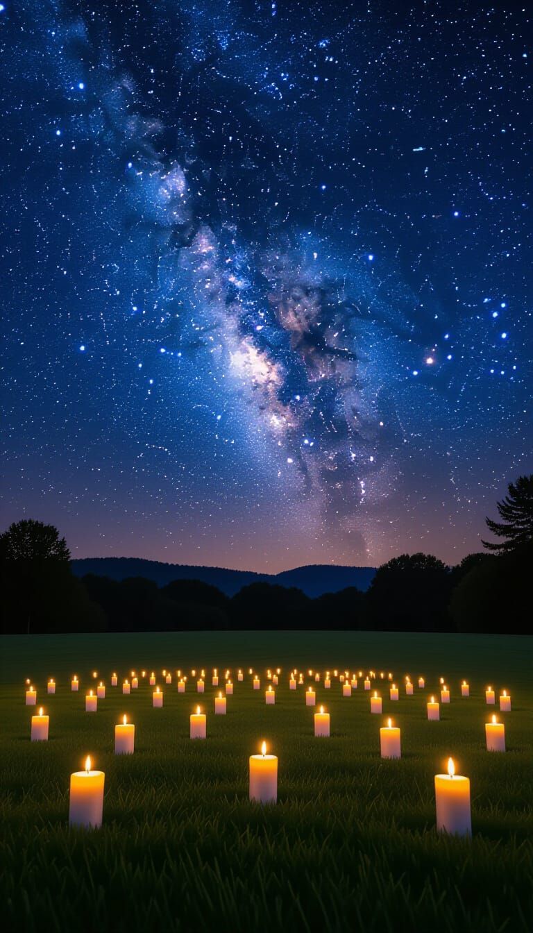 Magical Night Sky Over Candlelit Lawn