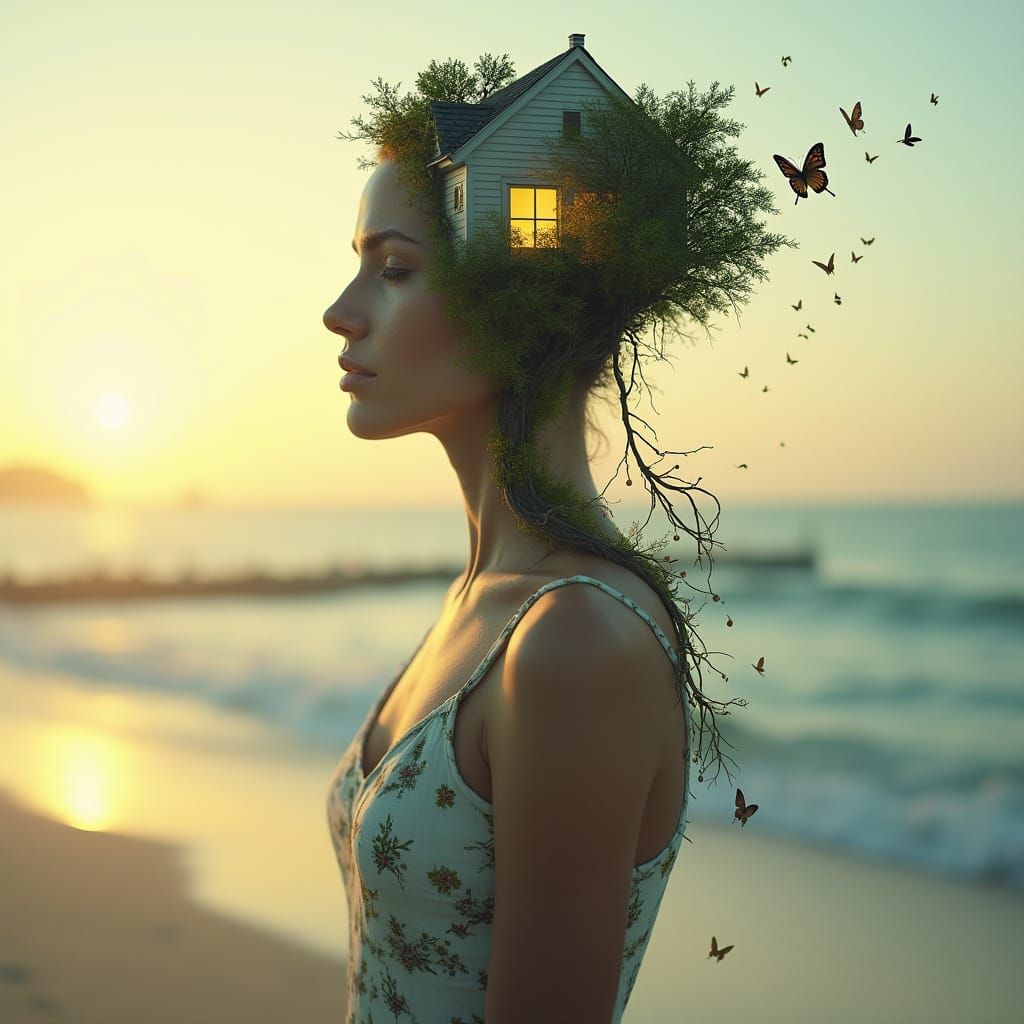 Surreal Woman with Miniature House and Trees in Dreamlike Be...