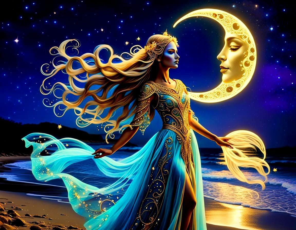 UV Blacklight Moon Goddess with Golden Hair