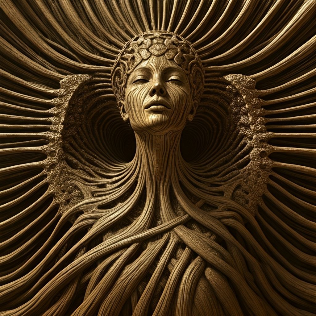 Divine Wood Nymph in Sepia Linocut Style