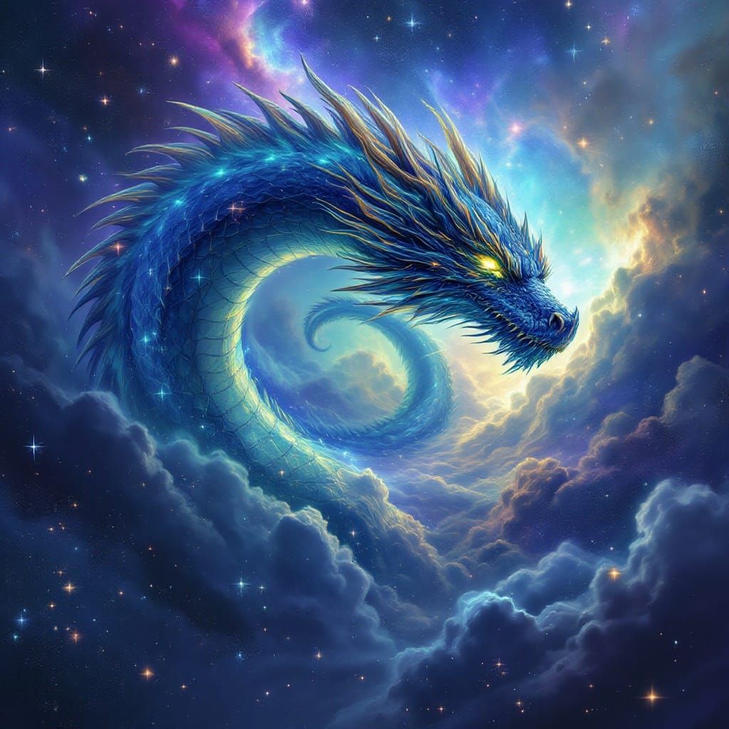 Bioluminescent Dragon Soaring Through Nebula in Digital Art