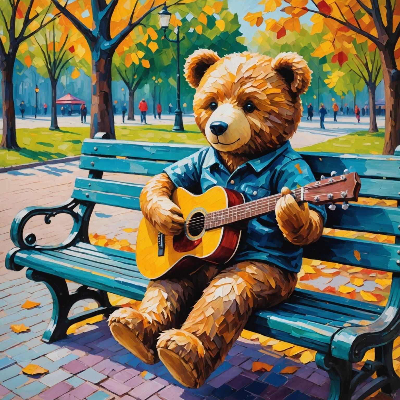 Teddy Bear Plays Guitar: Neo-Impressionist Oil Painting