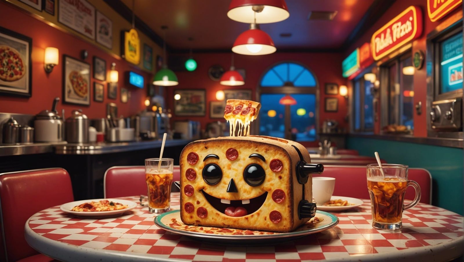 Anthropomorphic Toaster Toasting Pizza in Retro Diner
