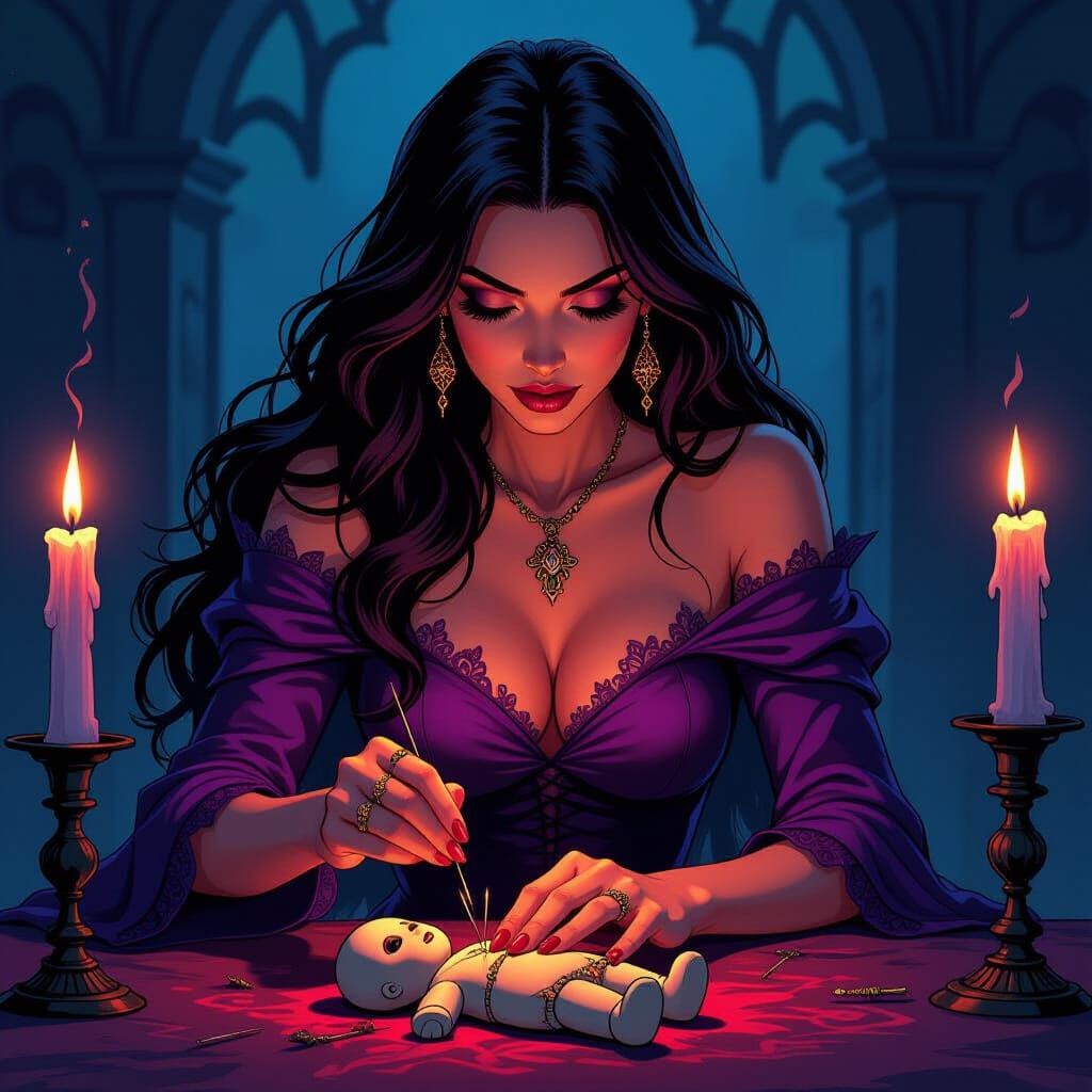 Witch Sticking Needles in Voodoo Doll Comic Art