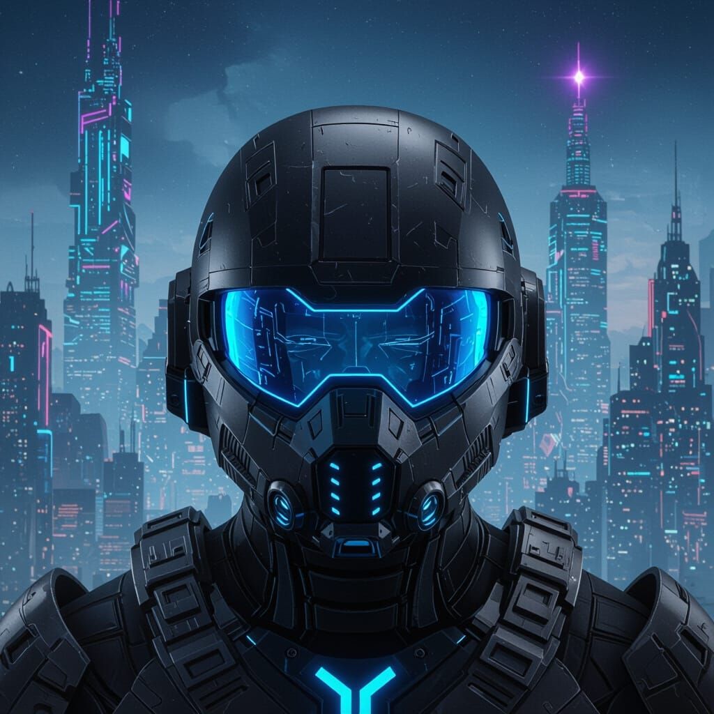 Futuristic Combat Helmet with Glowing Blue Visor