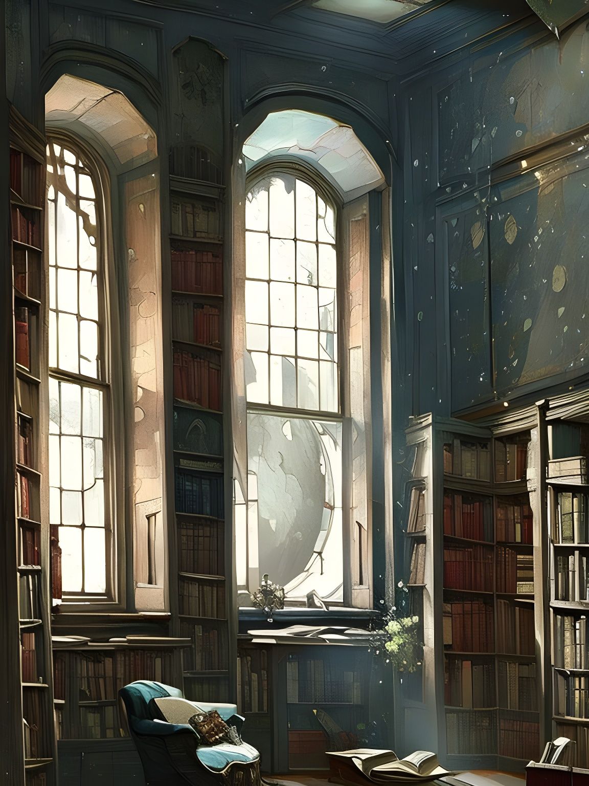 Library Window to Moonlit Stars in Detailed Painting